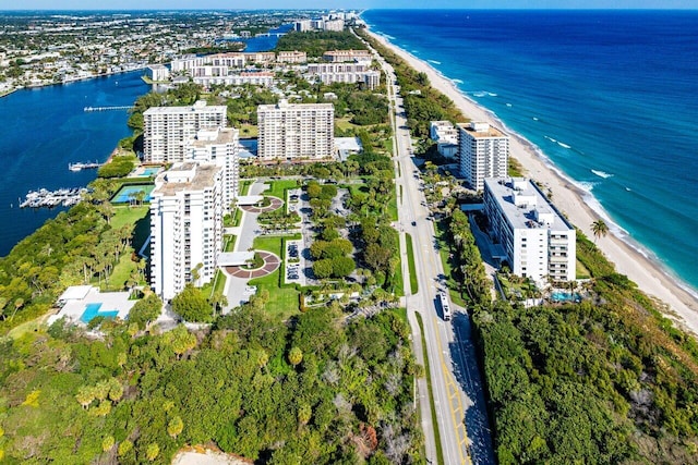 aerial view featuring a beach view and a water view