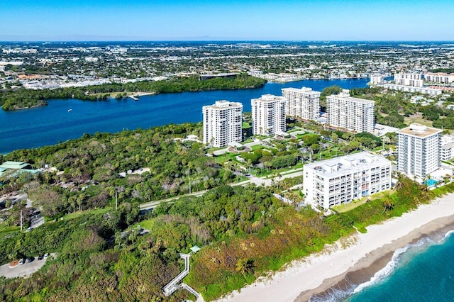 aerial view with a beach view and a water view