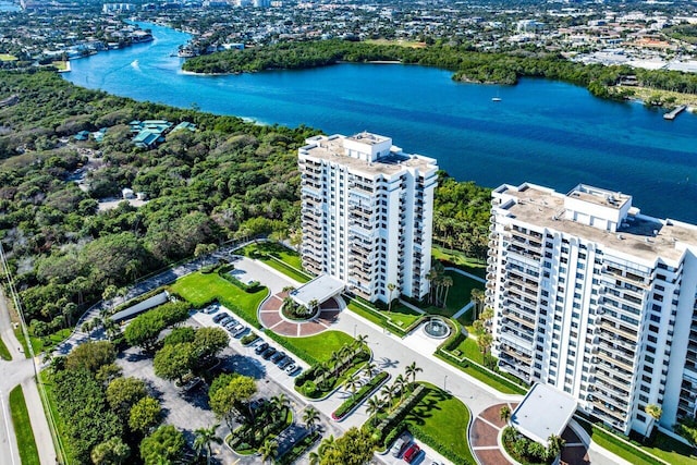 bird's eye view with a water view