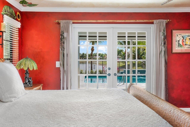 bedroom featuring french doors and ornamental molding