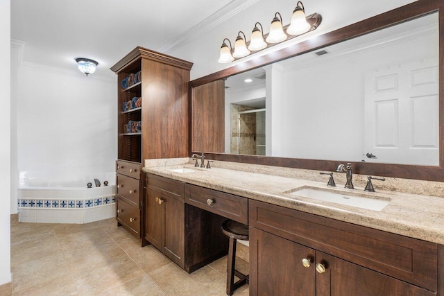 bathroom featuring vanity, ornamental molding, and independent shower and bath