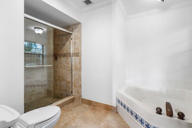 bathroom featuring separate shower and tub, toilet, and ornamental molding