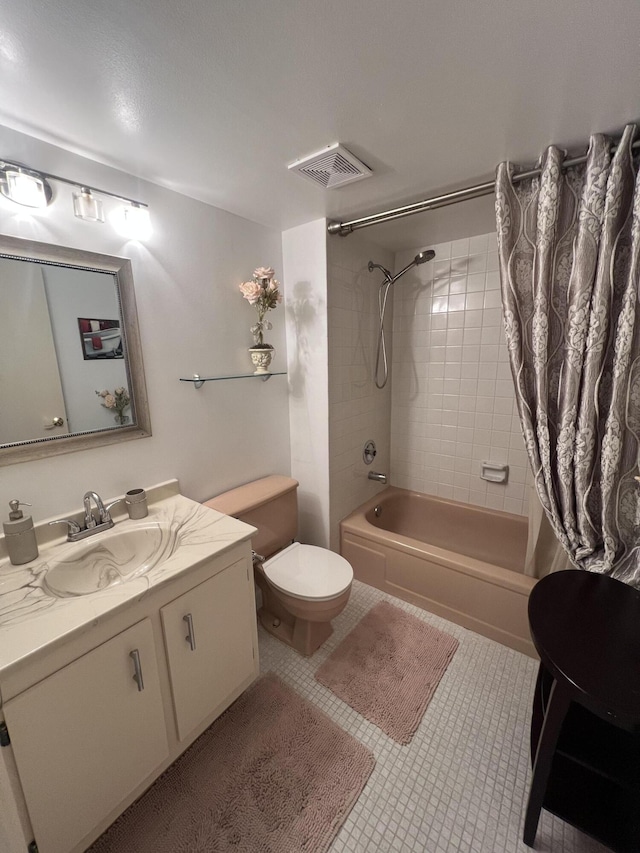 full bathroom with vanity, shower / bath combination with curtain, toilet, visible vents, and tile patterned flooring