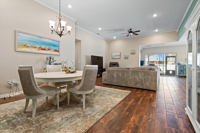 dining area with dark hardwood / wood-style floors, crown molding, and ceiling fan with notable chandelier