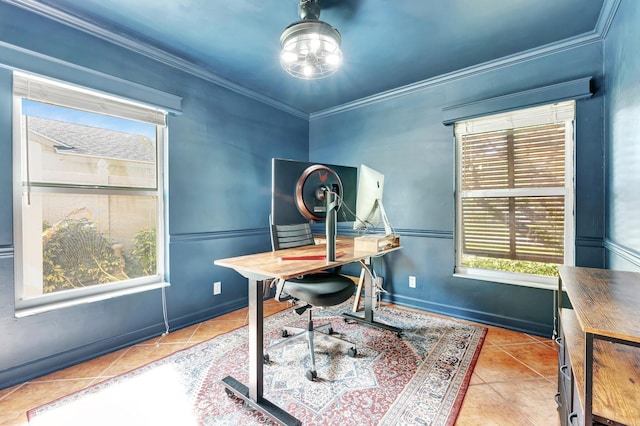 office featuring light tile patterned floors and ornamental molding