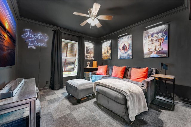 carpeted bedroom with ceiling fan and crown molding