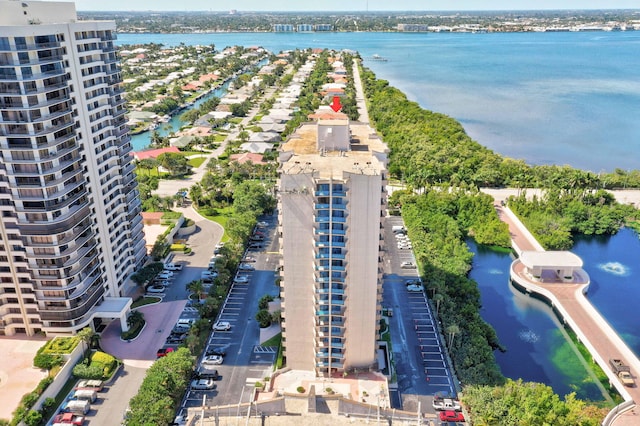 aerial view featuring a water view