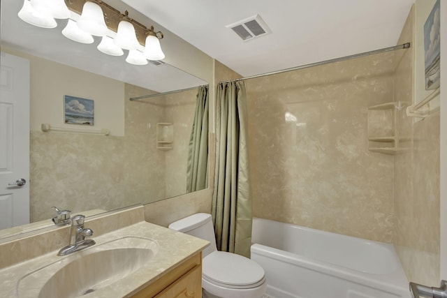 full bathroom with shower / bathtub combination with curtain, vanity, and toilet