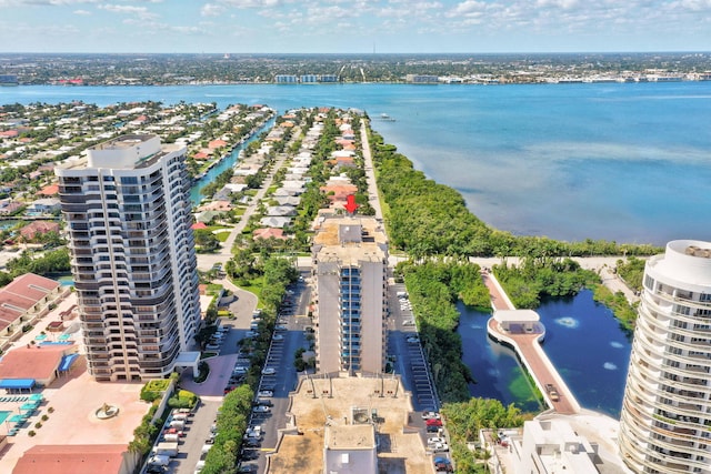 bird's eye view with a water view