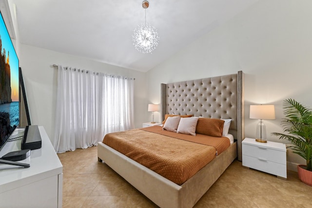 bedroom featuring lofted ceiling, a notable chandelier, and light tile patterned flooring