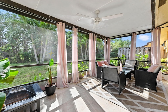 5272 Bolero Cir, Delray Beach, FL 33484 - sunroom / solarium with a ceiling fan, tile patterned floors, an outdoor hangout area, and a wall of windows