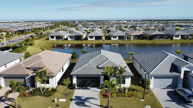 aerial view featuring a water view