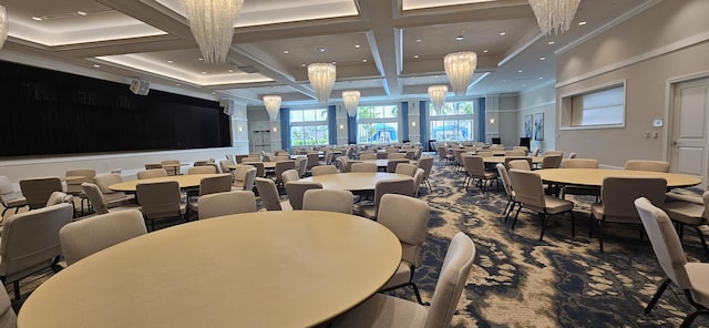 dining area with beam ceiling, coffered ceiling, and a notable chandelier