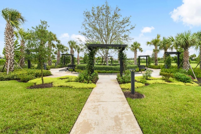 view of property's community with a lawn