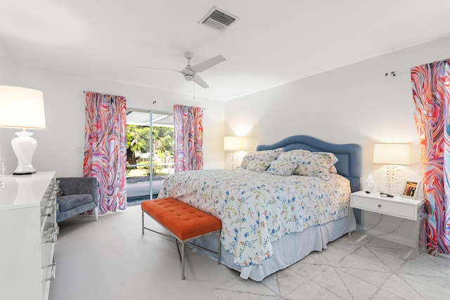 bedroom featuring access to exterior and ceiling fan