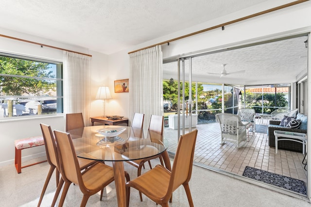 dining space featuring a textured ceiling and ceiling fan