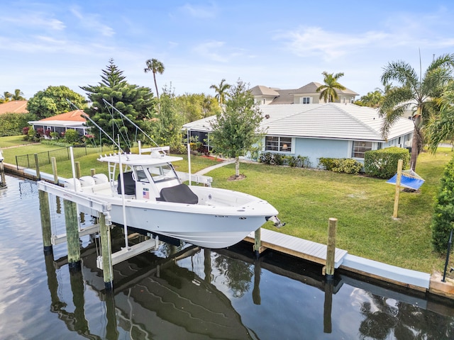 view of dock featuring a yard and a water view