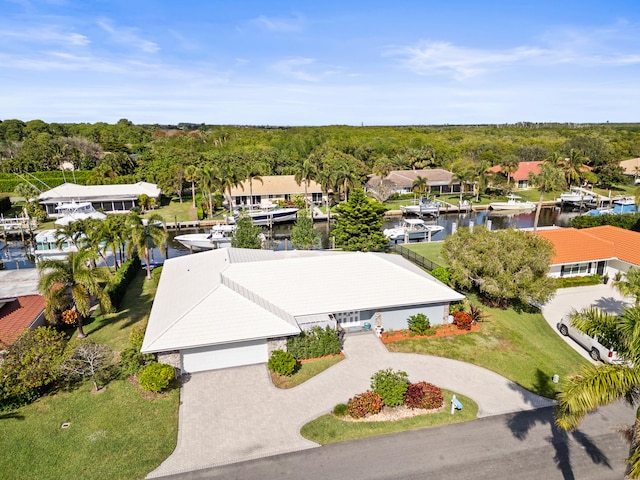 bird's eye view with a water view