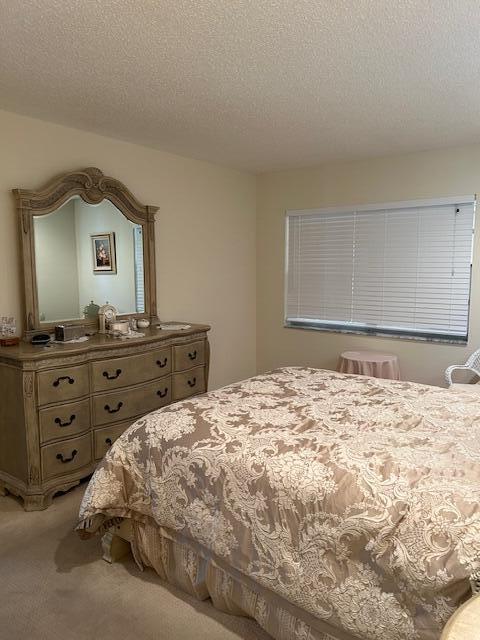 carpeted bedroom with a textured ceiling