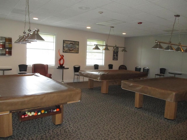 game room featuring carpet flooring, a healthy amount of sunlight, and pool table