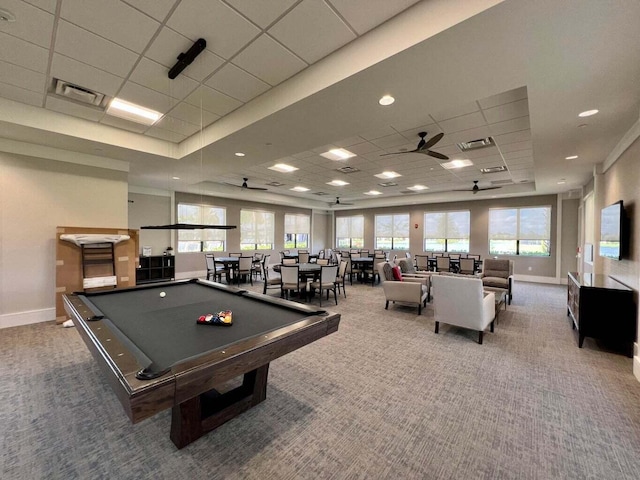 recreation room featuring carpet, a drop ceiling, ceiling fan, and pool table