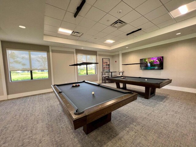 recreation room featuring carpet, a raised ceiling, a drop ceiling, and pool table