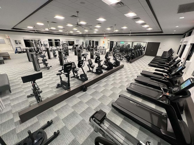 workout area featuring carpet flooring, ceiling fan, and a drop ceiling