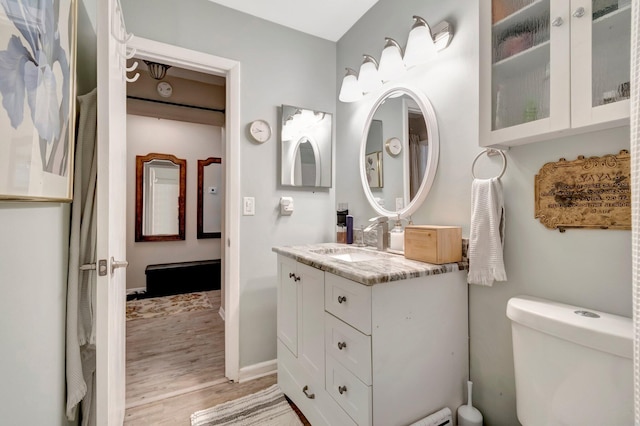 bathroom with hardwood / wood-style floors, vanity, and toilet