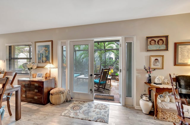 doorway to outside with french doors, light hardwood / wood-style floors, and plenty of natural light