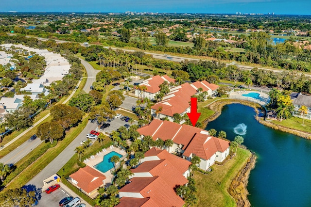 drone / aerial view with a water view