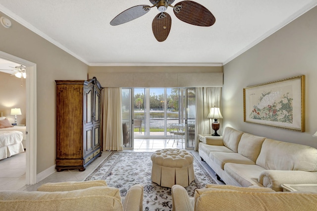 living room with light tile patterned floors and ornamental molding