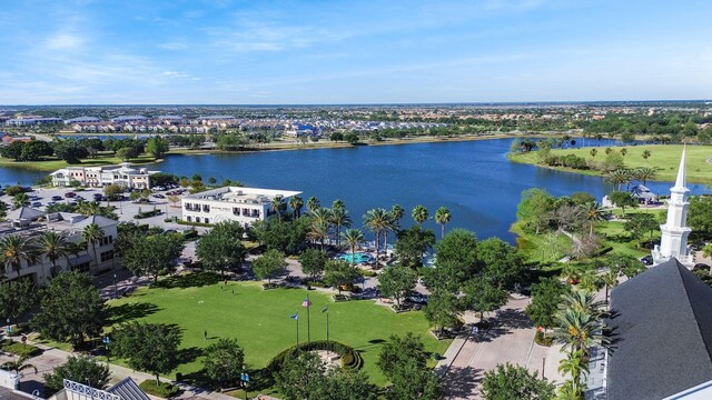 drone / aerial view with a water view