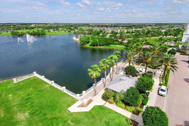 drone / aerial view featuring a water view