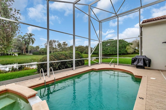 view of swimming pool with a lanai, area for grilling, a water view, and a patio