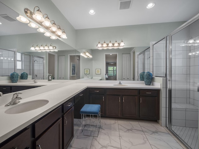 bathroom featuring vanity and a shower with shower door