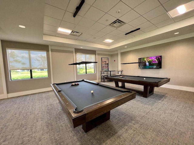 playroom featuring a raised ceiling, a paneled ceiling, carpet floors, and pool table