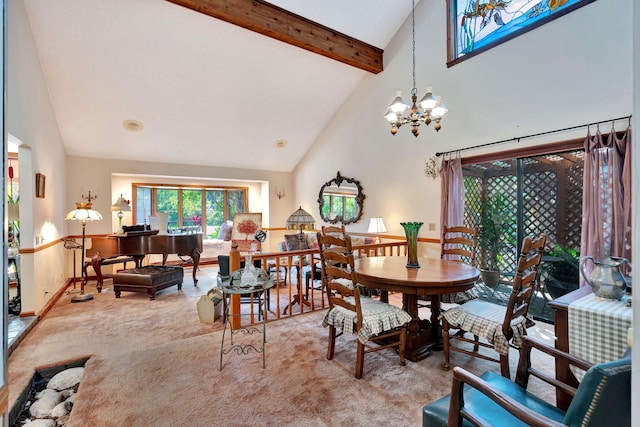 carpeted dining space with an inviting chandelier, beam ceiling, and high vaulted ceiling