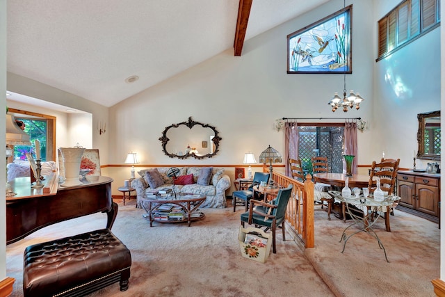 living room with light carpet, beam ceiling, plenty of natural light, and a notable chandelier