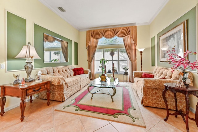 living room featuring crown molding and light tile patterned flooring