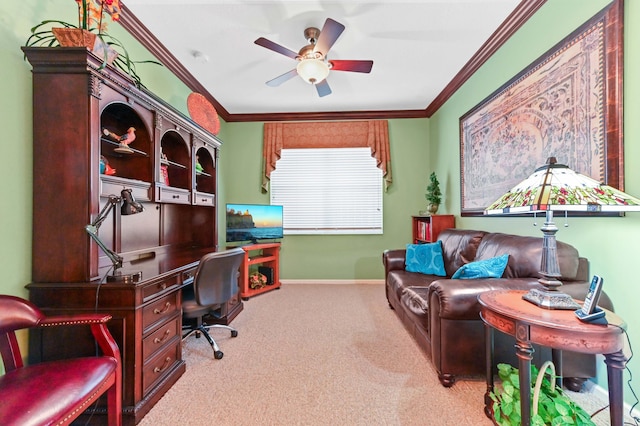 office space featuring ceiling fan, light colored carpet, and ornamental molding