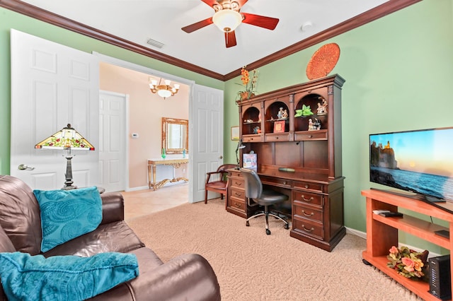 carpeted home office with ceiling fan with notable chandelier and ornamental molding