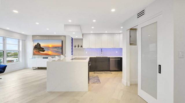 kitchen featuring white cabinetry, dishwasher, kitchen peninsula, decorative backsplash, and black electric stovetop