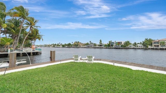 dock area with a water view and a yard