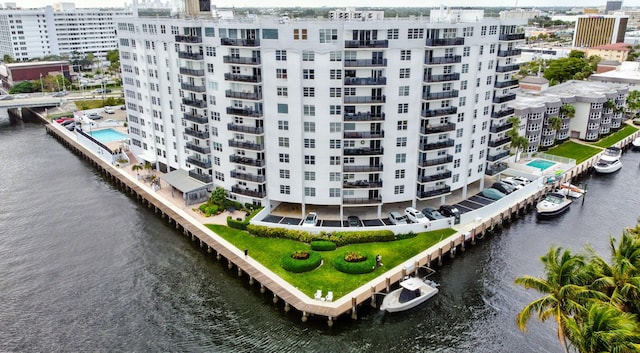 aerial view featuring a water view