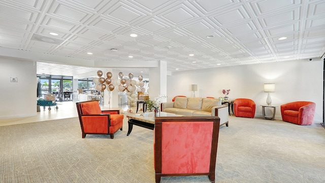 living room featuring light colored carpet