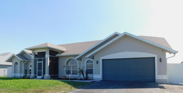 ranch-style house with a front lawn and a garage