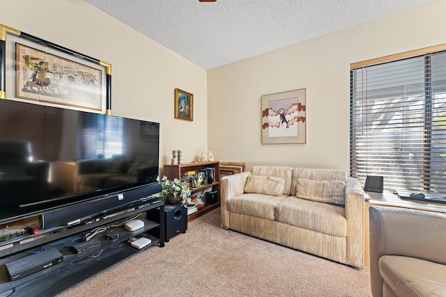 living room with light colored carpet and a textured ceiling