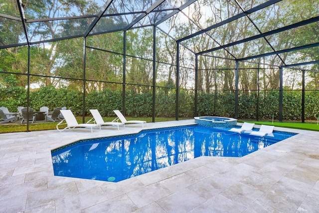 view of swimming pool with glass enclosure, an in ground hot tub, and a patio