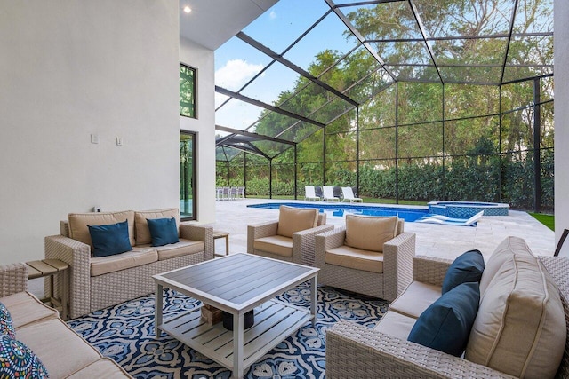 view of patio / terrace featuring outdoor lounge area, glass enclosure, and a pool with hot tub