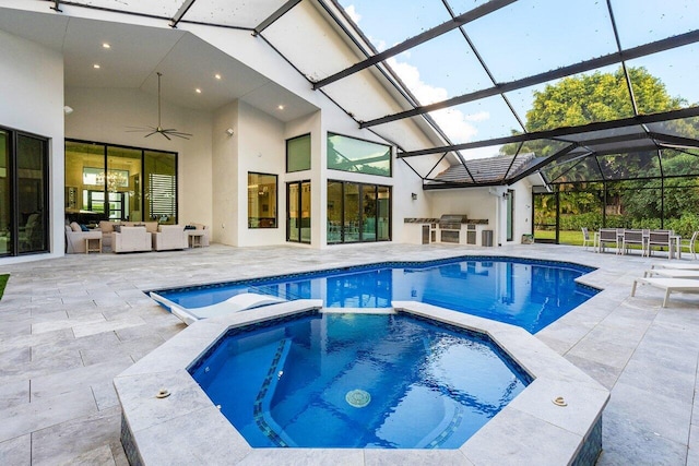 view of swimming pool featuring a lanai, ceiling fan, area for grilling, and a patio area